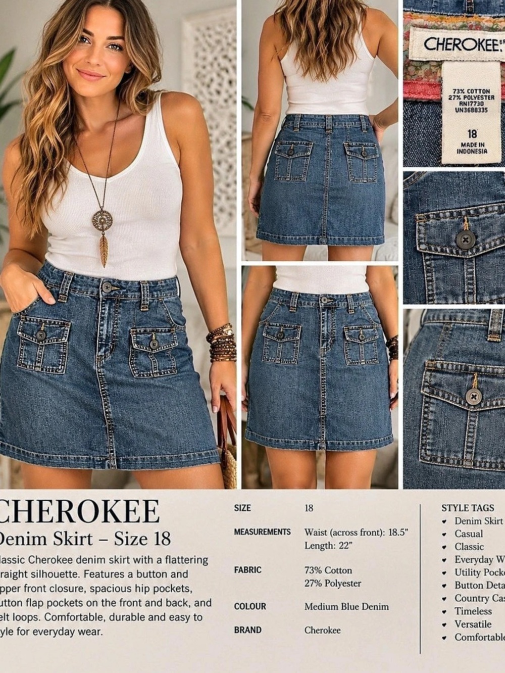 18.5” w Cherokee Utility Pocket Denim Skirt Blue Size 18
